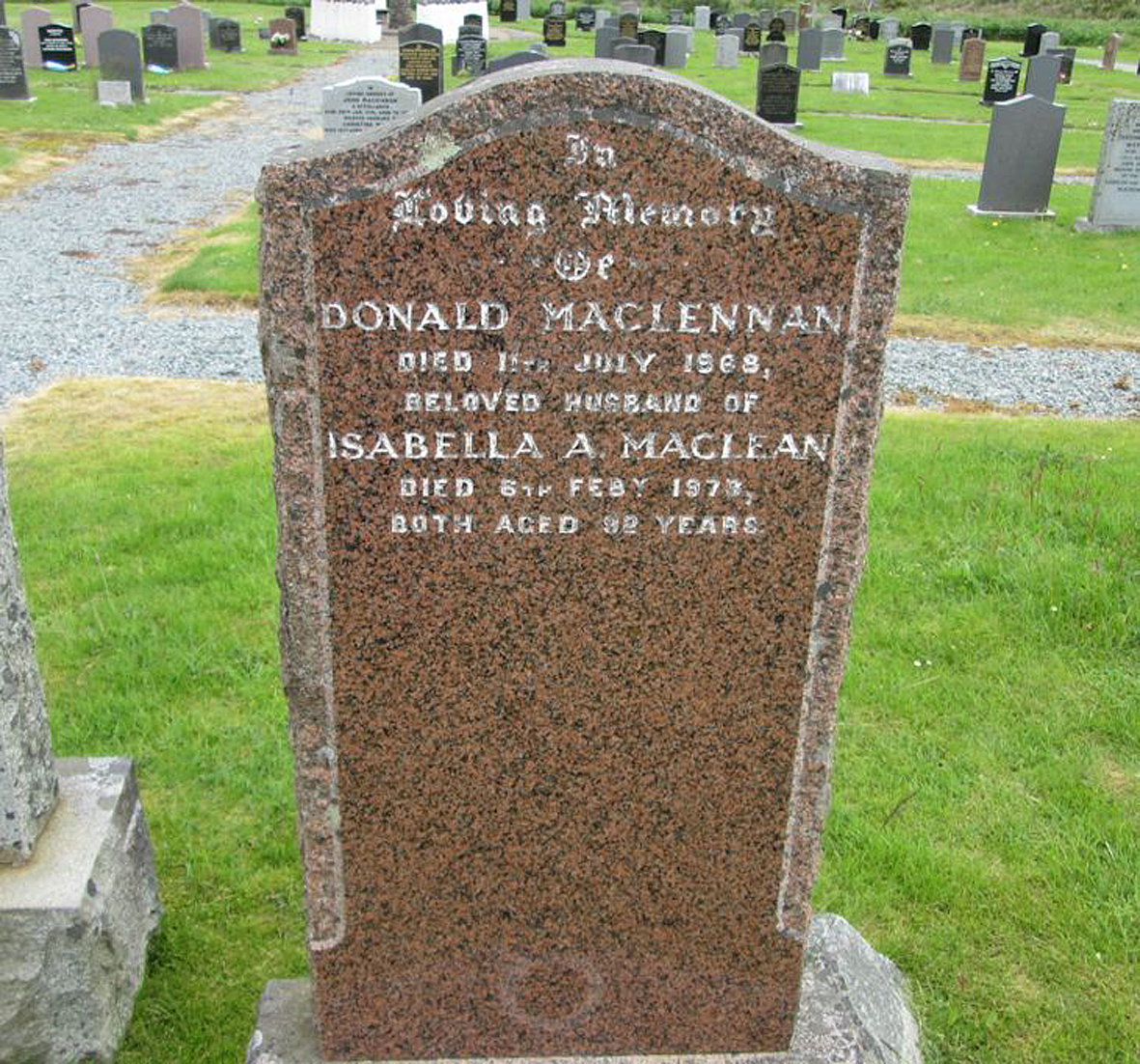 Photo of headstones/Donald MacLennan died 1968 MI Broadford, Strath